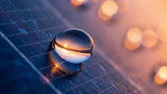 Macro close up of small clear crystal glass ball sphere resting on dark blue solar panel surface with beautiful warm orange hexagonal bokeh background at golden hour symbolizing renewable energy visio