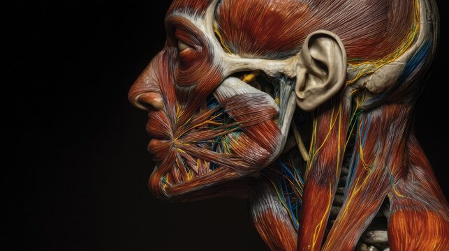 A detailed anatomical model of a human head showcasing muscles, nerves, and skeletal structure