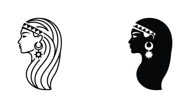 Profile silhouette of woman with traditional headband and jewelry icon set in black and white vector illustration style for cultural and fashion design