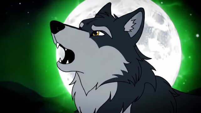 Cartoon wolf howls upward at a radiant full moon in the night