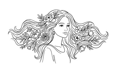 Fototapeta premium Elegant minimal line art woman with floral hair vector illustration in modern boho style