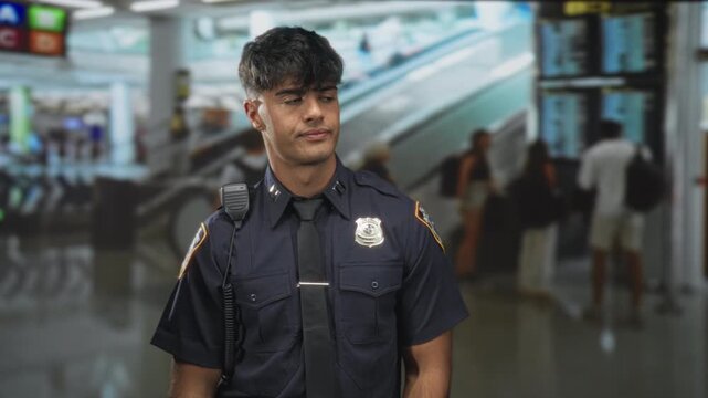 Man police officer holding smartphone and radio mic visible in busy airport terminal, standing near escalator and information screens; professional vigilance.