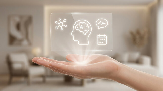 Emerging Technologies and Artificial Intelligence Concepts are Displayed in a Futuristic Holographic Interface Above an Open Hand
