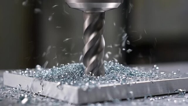 ?Highspeed drill cutting metal with flying sparks and metal shavings
