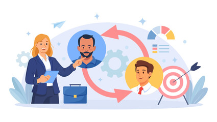 Fototapeta premium B2B Cooperation Between Business People. Marketing Strategy. Successful Business Collaboration. Business-to-Business Sales Method. Company as Customer Buying Products and Services. Vector Illustration