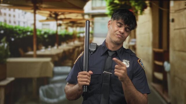 Man police officer holding baton, badge visible and radio on shoulder, points finger to chest amid tables and umbrellas at street cafe; duty amusement.