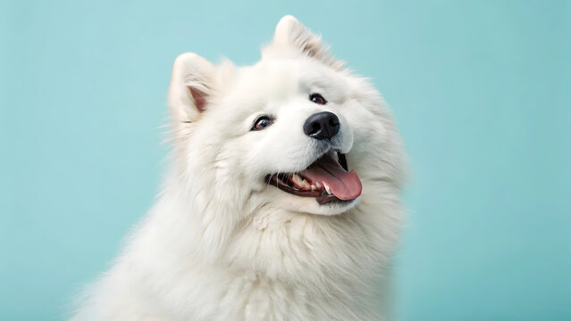 White arctic wolf dog panting against bright blue sky background