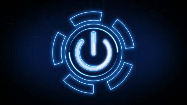 Power button symbol glowing on dark digital background. Electronic power button icon for technology interface. Digital power button animation for system startup.