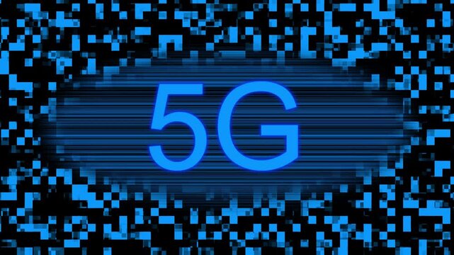 5G technology text with glowing blue pixel background. High speed 5G network symbol for mobile connection. Digital 5G logo for telecommunication data transfer.