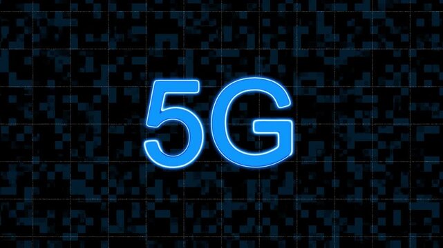 5G network logo on dark digital grid background. High speed 5G technology symbol for mobile data. Digital 5G connection for global telecommunication.