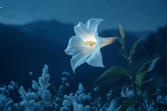 Generative AI illustration of magical forest filled with night blooming flowers like moonflower eveningprimrose and nightphlox glowing in moonlight