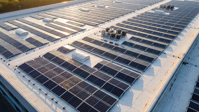 High angle aerial close up view of large industrial warehouse rooftop with extensive solar panel array installation and HVAC ventilation units symbolizing commercial photovoltaic system and corporate 