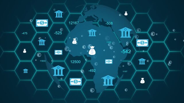 Global financial network with currency and bank symbols. International financial network for digital economy. Electronic financial network for banking and money.