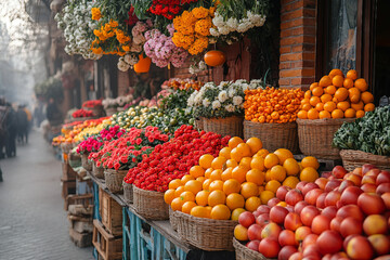 Obraz premium Colorful Spring Flower Market in the Heart of the City on a Rainy Day
