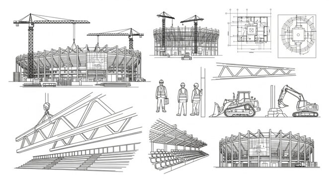 Architectural sketches of construction sites and buildings.