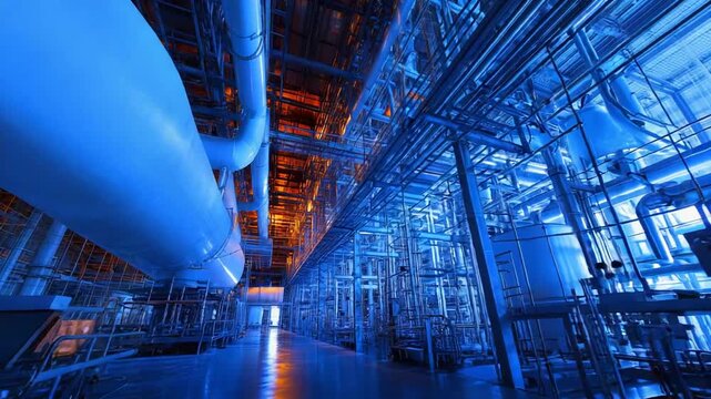 Industrial factory interior featuring complex pipeline systems, manufacturing machinery, and large tanks under striking blue and amber lighting, symbolizing technology and energy production