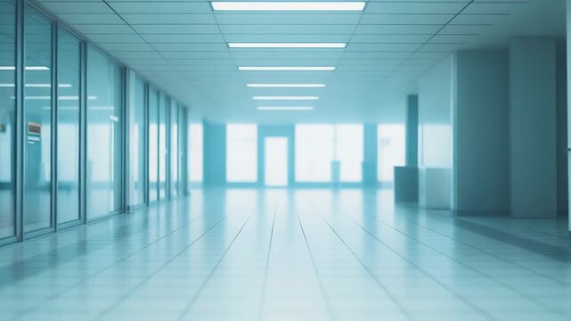 Modern clean well lit corridor featuring glass office walls and a tiled floor, creating a sense of clarity and professionalism within a healthcare or corporate building interior