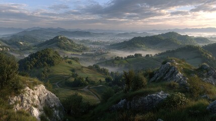 Fototapeta premium Rolling green hills and distant valleys covered in mist at sunrise present a serene natural landscape view.