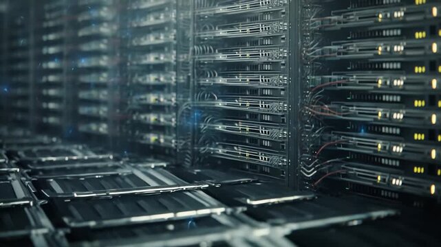 Server racks with blinking lights handling massive amounts of data, highlighting concepts of cloud computing, network infrastructure, and cybersecurity in a modern digital environment