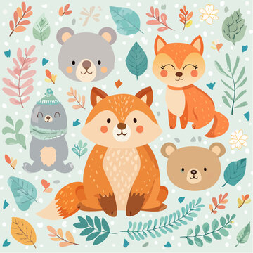 Niedliche Waldtiere Set im Cartoonstil f&uuml;r Kinderdesigns