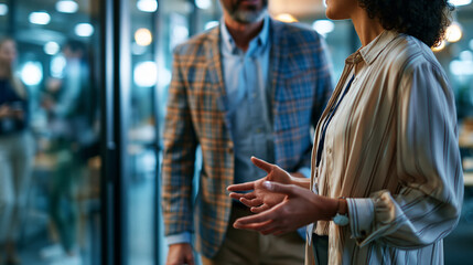 Obraz premium Low angle view of two people in smart casual attire standing and chatting in a bright glass walled office corridor only their torsos and gesturing hands visible the glass