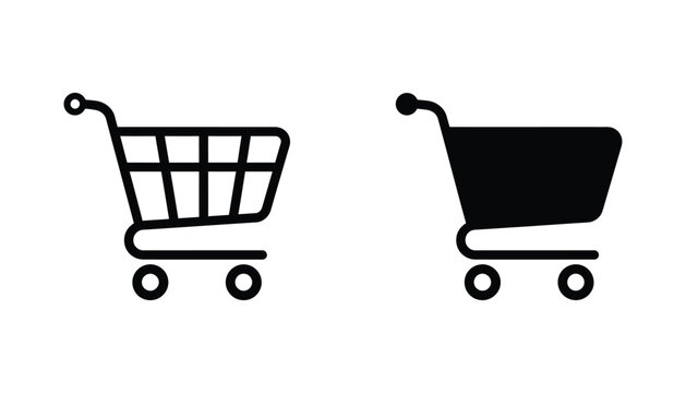 Shopping cart icons set in outline and solid black style for ecommerce user interface design and website checkout buttons