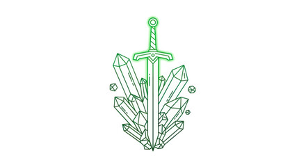 Glowing Neon Sword Embedded in Crystals, Fantasy Emblem, Abstract Geometric Design © hidayati