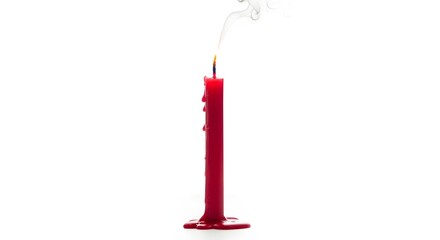 Obraz premium Red candle burning down with smoke rising against a white background symbolizing end of an era or a moment passing
