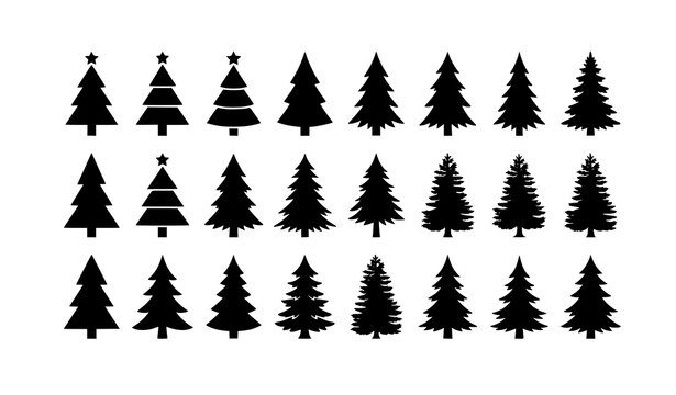 Pine tree icon set with fir and Christmas tree black and white vector illustration