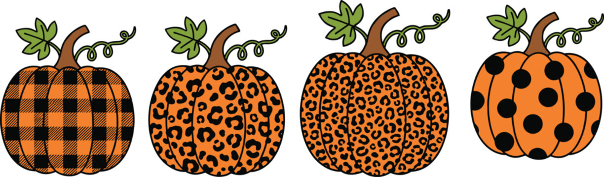 Set of four flat vector illustrations of orange pumpkins with black decorative patterns including plaid, leopard print, and polka dots, isolated on a white background.