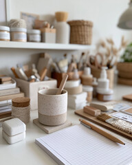 Naklejka premium Minimalist workspace bathed in soft daylight. Earthenware cup holds a wooden stirrer. White notebook rests open on clean surface. Wooden pencil lies beside a small stone. Shelves display jars, brushes