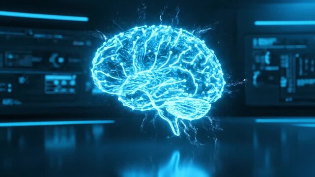 Futuristic technology showcases a glowing blue neural network representing artificial intelligence and machine learning in a dark cyber environment.