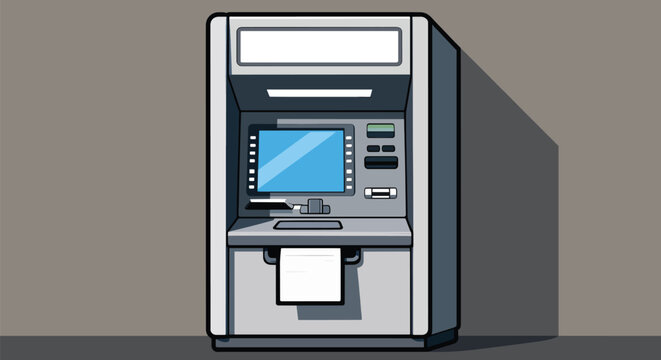 Automated teller machine vector illustration, grey bank ATM with blue screen and long shadow, financial services terminal for cash withdrawal