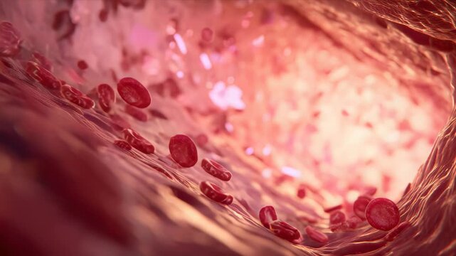 Red blood cells flow through a biological vessel, highlighting blood circulation and essential processes within the body's internal systems at a microscopic magnification