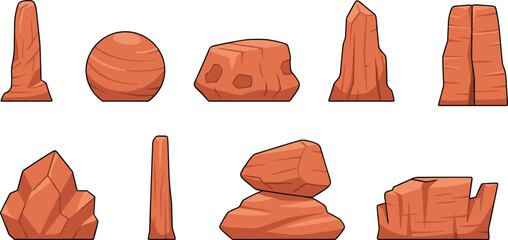 Set of nine flat vector illustrations featuring various reddish-brown rock formations, desert boulders, and sandstone spires, isolated on a white background. © MDABULKALAM