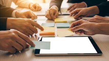 Fototapeta premium Business - Team Collaboration Brainstorming With Colorful Sticky Notes and Digital Tablet on Office Table