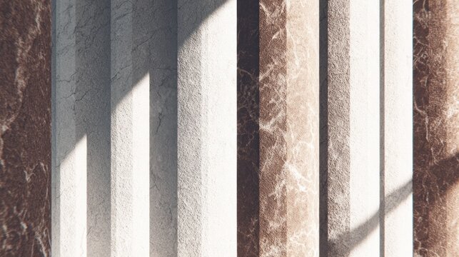 Repeating architectural facade elements display contrasting stone textures under bright illumination