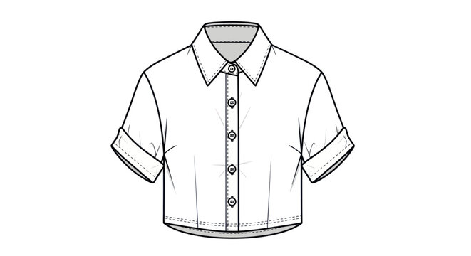 Fashion Design Flat Sketch: Cropped Button-Up Shirt with Cuffed Sleeves