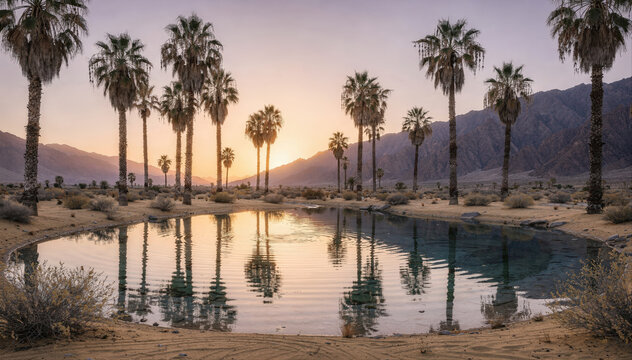 Sunset Reflections: Palm-Lined Oasis Pond in Joshua Tree Desert Mountains