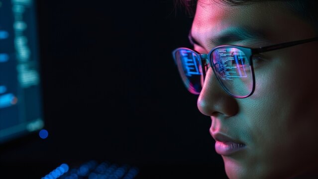 Technology - Asian Programmer Coding at Night with Screen Reflection on Glasses in Dark Room