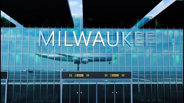 Airlane landing at Milwaukee, USA. Arrival in the city with reflection of airport and aircraft