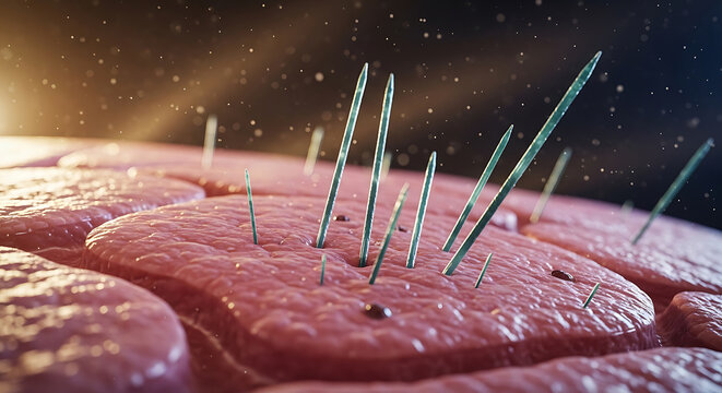 Microscopic 3D Illustration of Sharp Asbestos Fibers Penetrating Human Lung Tissue Highlighting the Dangers of Inhalation Mesothelioma and Toxic Exposure Risks