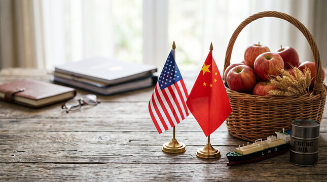 United States and China flags with apple basket and oil container on wooden desk. International trade negotiations and diplomatic relations. Energy export and agricultural exchange concept.