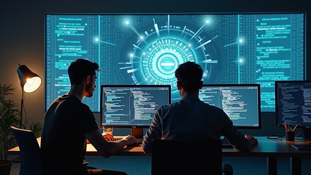 An all-male software development team in a co-working space.