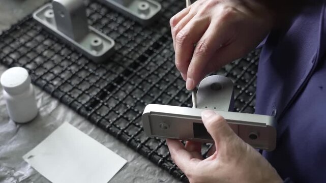 Factory worker inspecting white painted metal finder scope bracket with mounting holes at assembly station