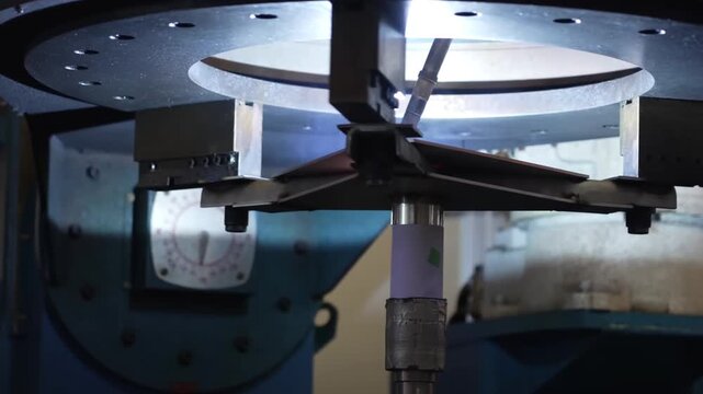 Automated welding station with rotary table and robotic arm performing precision welds inside safety enclosure