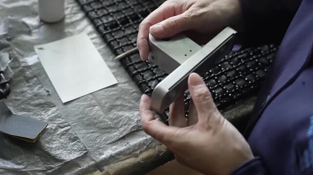 Worker hand sanding and filing white telescope bracket component with fine abrasive on protective foil surface