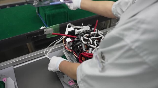 Worker placing protective inspection cover panel onto partially assembled rice cooker on conveyor line