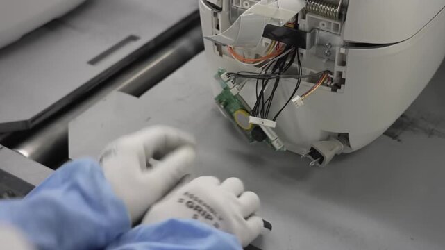 Worker carefully installing PCB control board with piezo buzzer element into rice cooker front panel