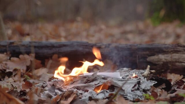 Closeup of female hand burning paper documents to hide evidences Woman placing paper into active fire, representing deliberate farewell to outdated memories